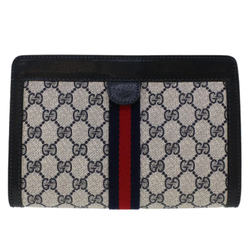 Durable leather bags for daily useGUCCI GG Canvas Sherry Line Clutch Bag PVC Leather Navy Red  yk7884