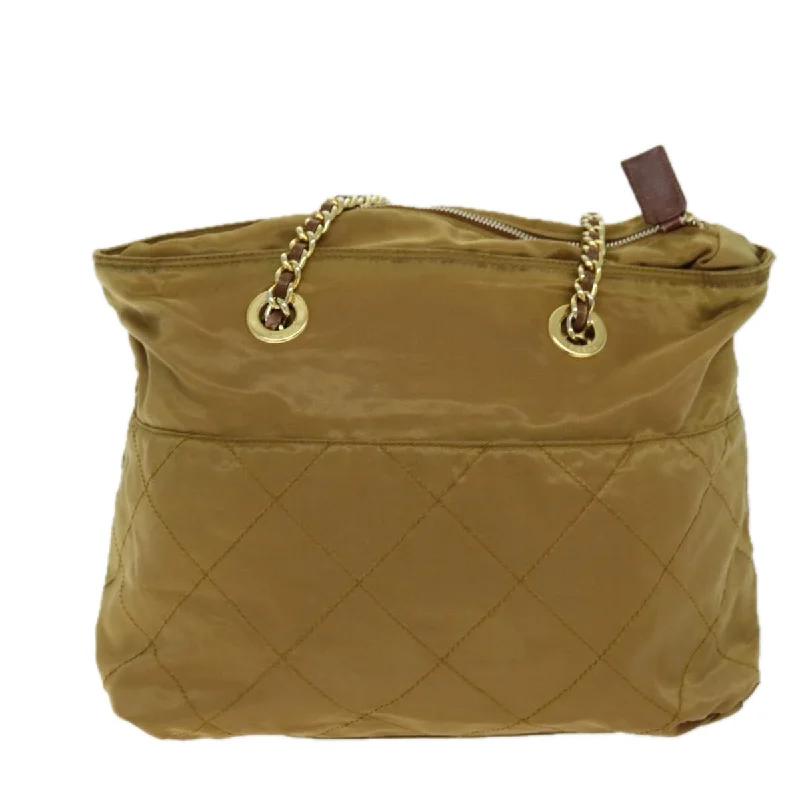 Designer bags with gold hardwarePRADA Quilted Chain Shoulder Bag Nylon Beige  ki4426