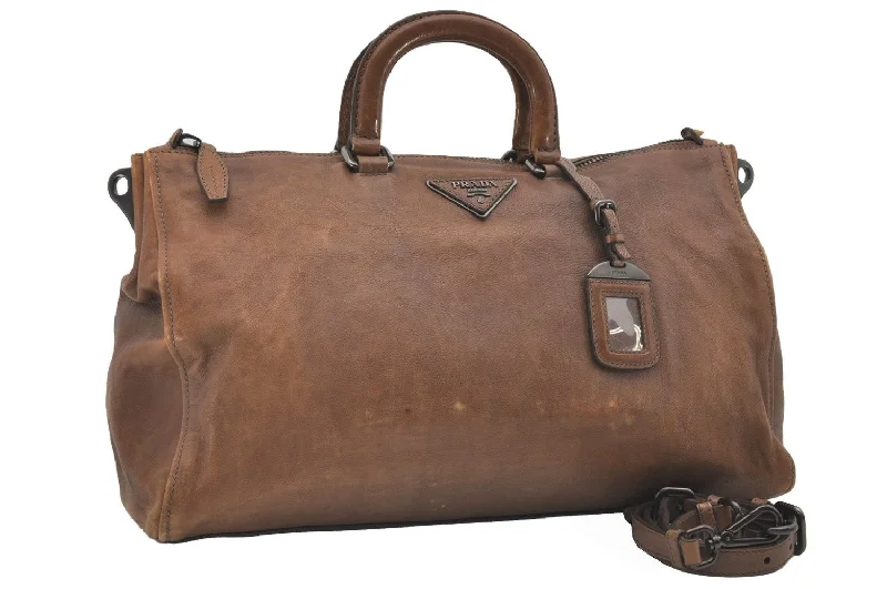 Lightweight duffle bags for gymAuthentic PRADA Vintage Leather Nappa 2Way Hand Boston Bag Brown 9608I