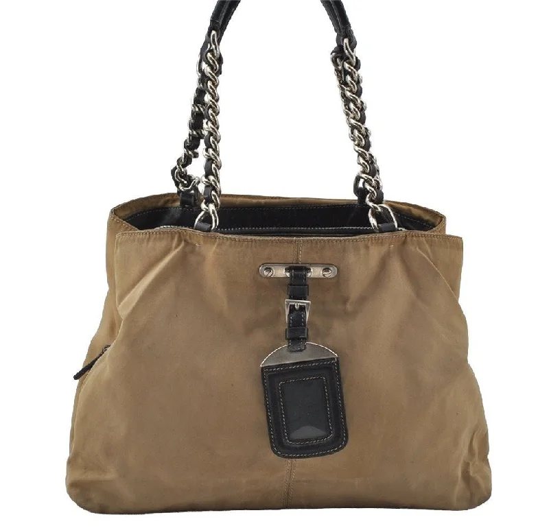 Large capacity travel bagsAuthentic PRADA Nylon Tessuto Leather Chain Shoulder Hand Bag Beige 9635I