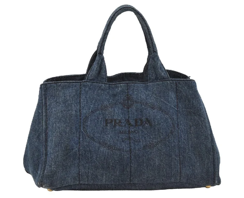 High-quality leather messenger bagsAuthentic PRADA Vintage Canapa L Tote Hand Bag Denim Blue 7378I