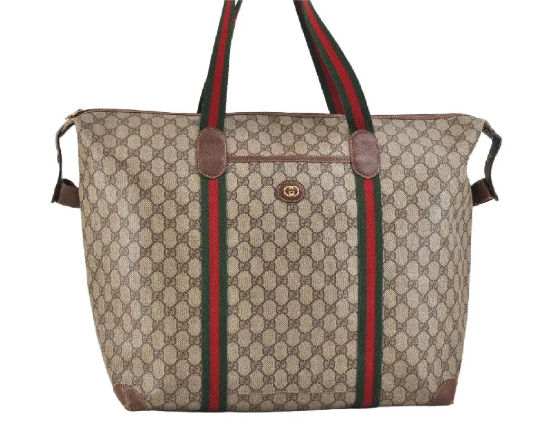 Durable leather bags for daily useAuthentic GUCCI Web Sherry Line Travel Boston Bag GG PVC Leather Brown 2420K