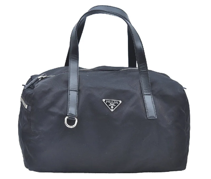 Minimalist leather handbagsAuthentic PRADA Vintage Nylon Tessuto Leather Hand Boston Bag Black 7592G