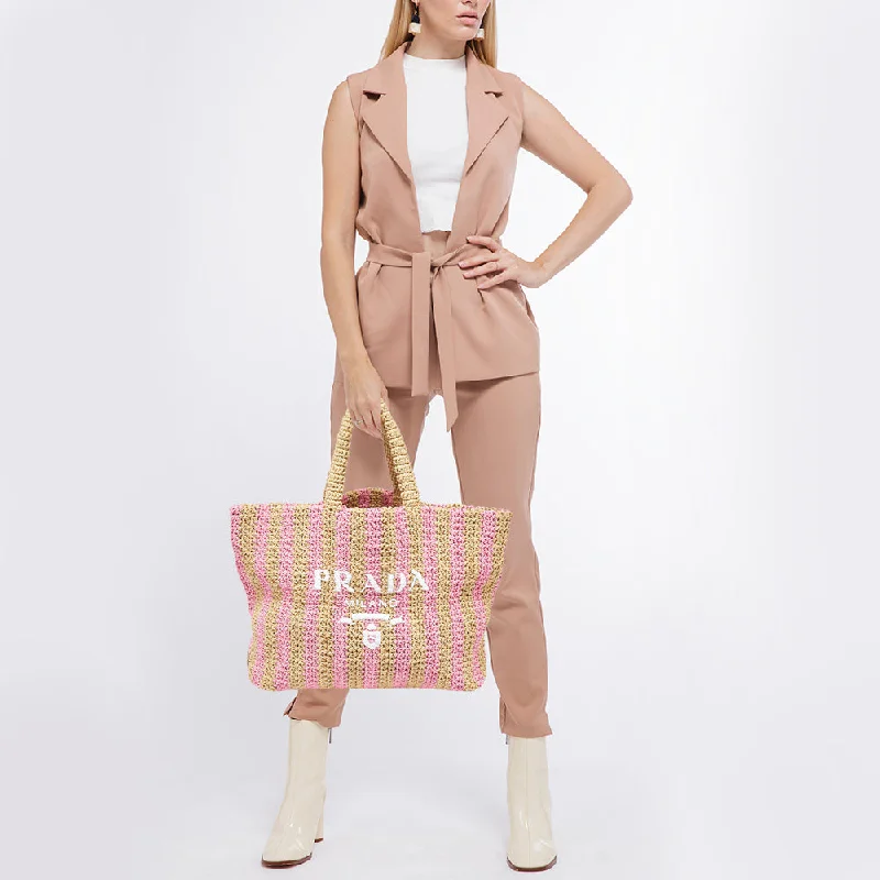 Best bags for business tripsPRADA Pink/Beige Stripe Raffia Logo Tote