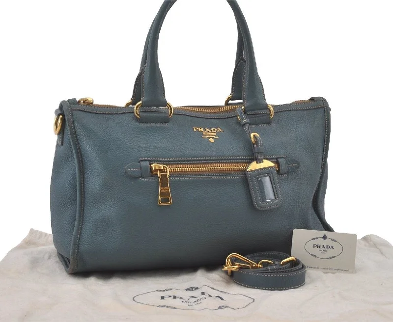 Trendy transparent PVC bagsAuthentic PRADA VIT DAINO Leather 2Way Shoulder Tote Bag BL0805 Light Blue 7210I