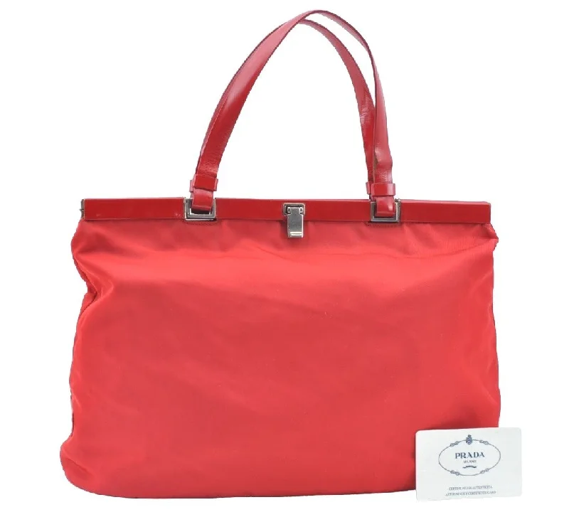 Eco-friendly tote bags for shoppingAuthentic PRADA Nylon Tessuto Leather Tote Hand Bag Purse Red J8122