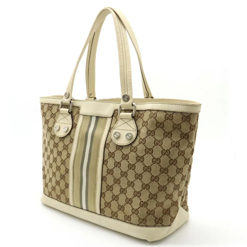 Customizable monogram bagsGUCCI GG Canvas Striped Tote Bag Shoulder Leather Khaki Beige Light 232973