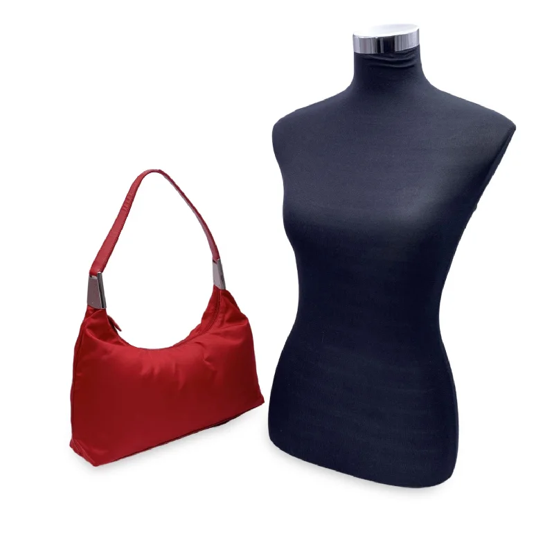 Compact crossbody bags for travelPRADA Red Tessuto Nylon Hobo Bag With Leather Strap