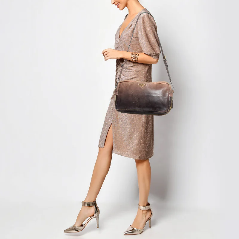 Designer bags with detachable strapsPRADA Ombre Brown Glace Leather Multi Zip Crossbody Bag