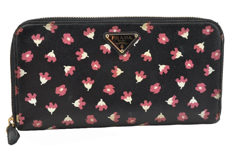 Elegant clutch bags for weddingsAuthentic PRADA Flower Pattern Saffiano Leather Long Wallet Purse Black 9549I