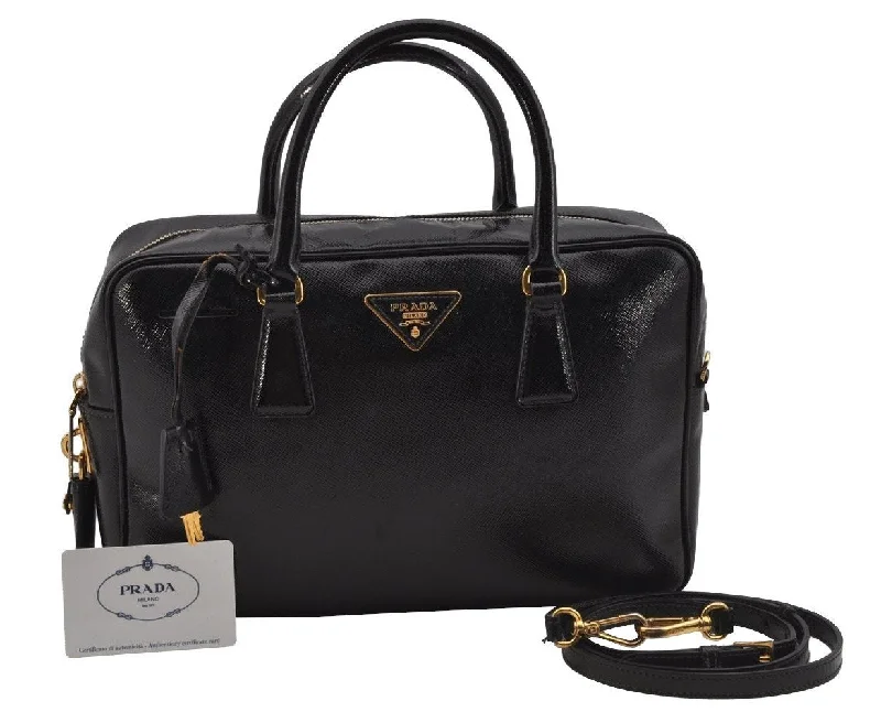 Designer bags with top handlesAuthentic PRADA SAFFIANO VERNIC Enamel 2Way Shoulder Hand Bag BL0095 Black 9575I