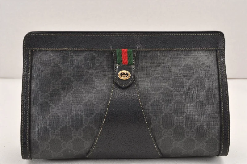 Compact crossbody bags for travelAuthentic GUCCI Web Sherry Line Clutch Hand Bag Purse GG PVC Leather Black 2385K