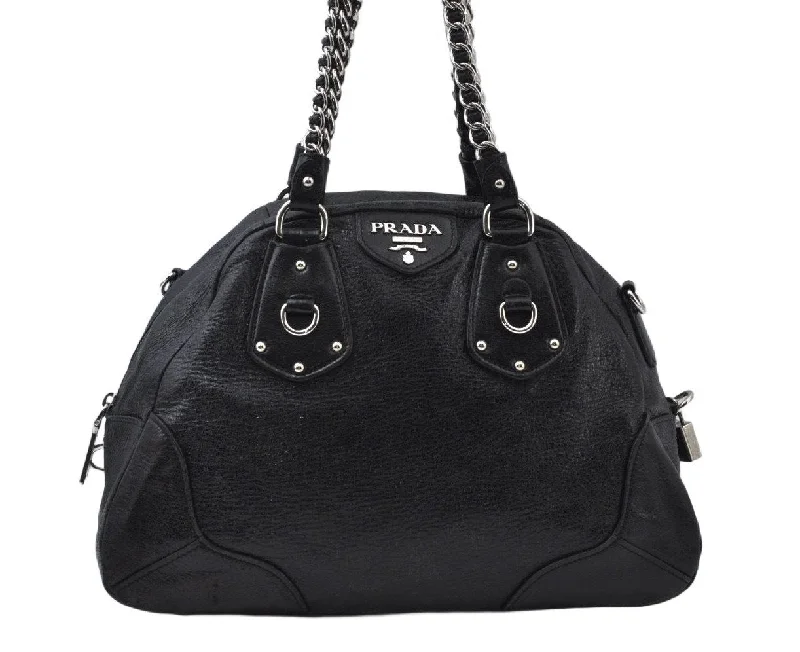 Durable leather bags for daily useAuthentic PRADA Vintage Leather 2Way Chain Shoulder Hand Bag Black 7402I