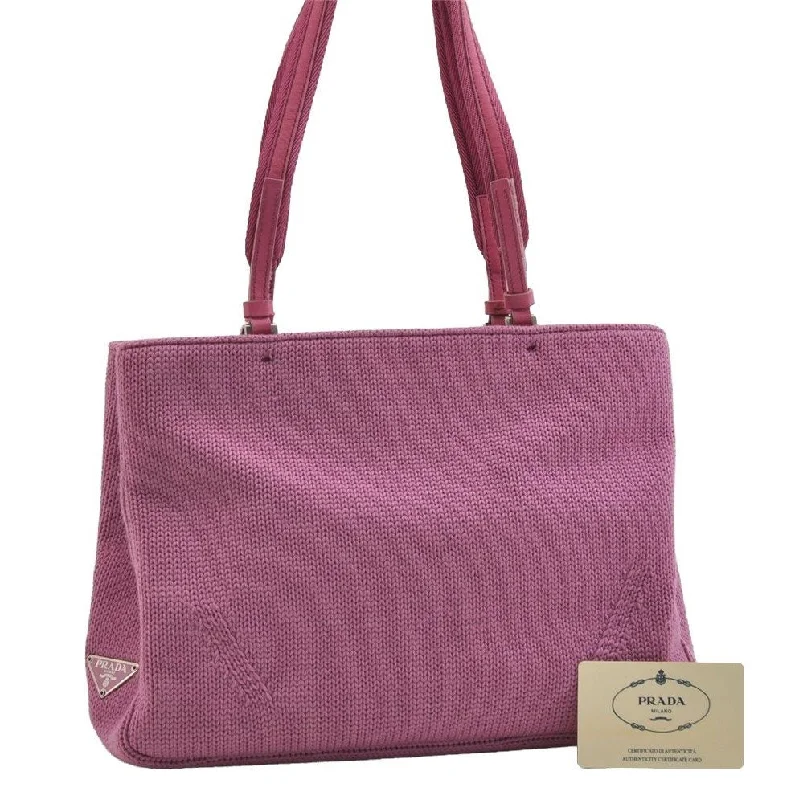 Designer bags with gold hardwareAuthentic PRADA Vintage Wool Leather Shoulder Tote Bag B9444 Pink 7836I