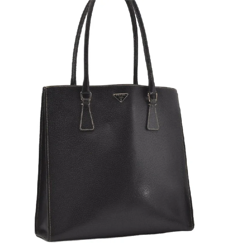 Minimalist leather handbagsAuthentic PRADA Vintage Leather Shoulder Tote Bag Black 9887I