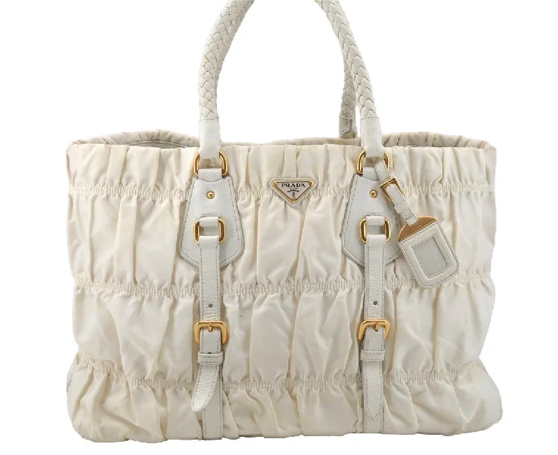 Vintage-inspired handbagsAuthentic PRADA Vintage Nappa Gaufre Tote Hand Bag Nylon Leather White 9623I