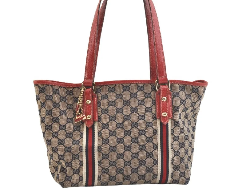 Vintage-inspired handbagsAuthentic GUCCI Web Sherry Line Tote Bag GG Canvas Leather 137396 Navy 2861K