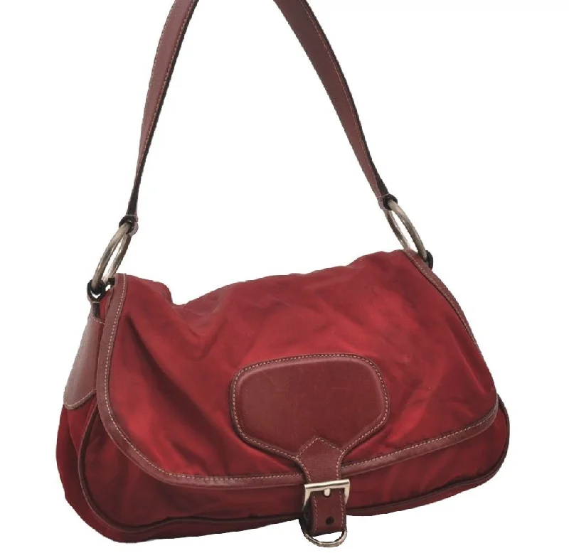 Designer bags with detachable strapsAuthentic PRADA Vintage Nylon Tessuto Leather Shoulder Bag Bordeaux Red 9868I