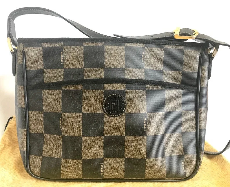 Designer bags with gold hardwareFENDI Vintage pecan chess pattern shoulder bag with FF logo motif