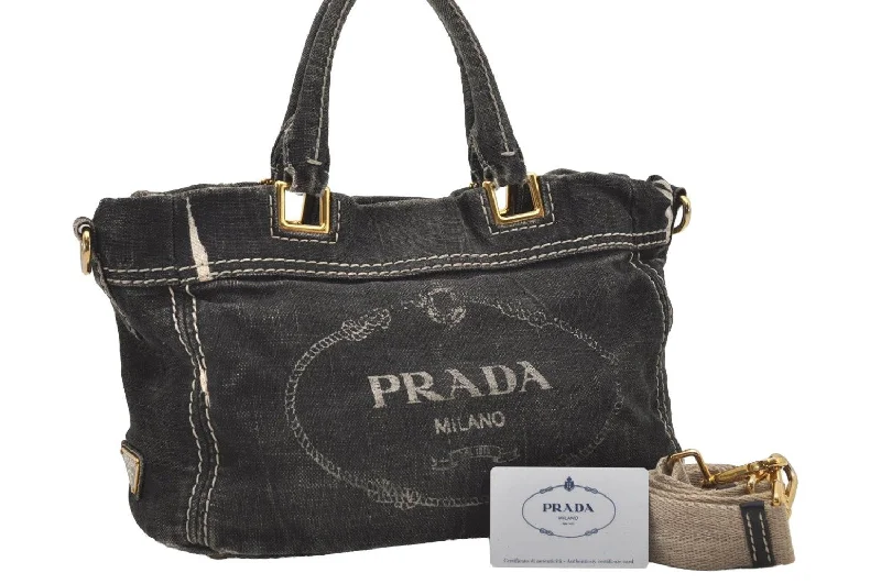 Best bags for business tripsAuthentic PRADA Lino Painted Denim 2Way Shoulder Tote Bag BN2070 Black 9897I