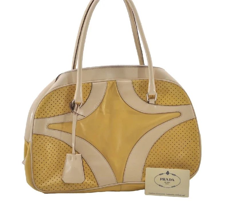 Designer bags with detachable strapsAuthentic PRADA Leather Nappa Punching Shoulder Hand Bag B10524 Yellow 7334I