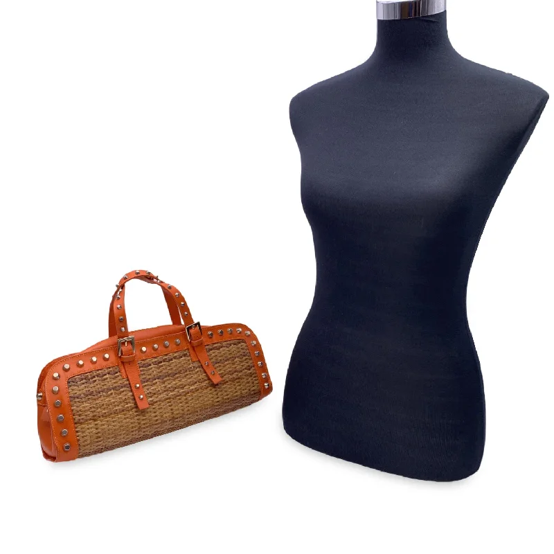 Minimalist leather handbagsFENDI Wicker And Orange Leather Studded Tote Handbag Satchel