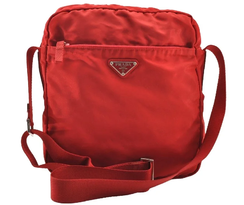 Designer bags with top handlesAuthentic PRADA Nylon Tessuto Leather Shoulder Cross Body Bag Red Junk 7565I