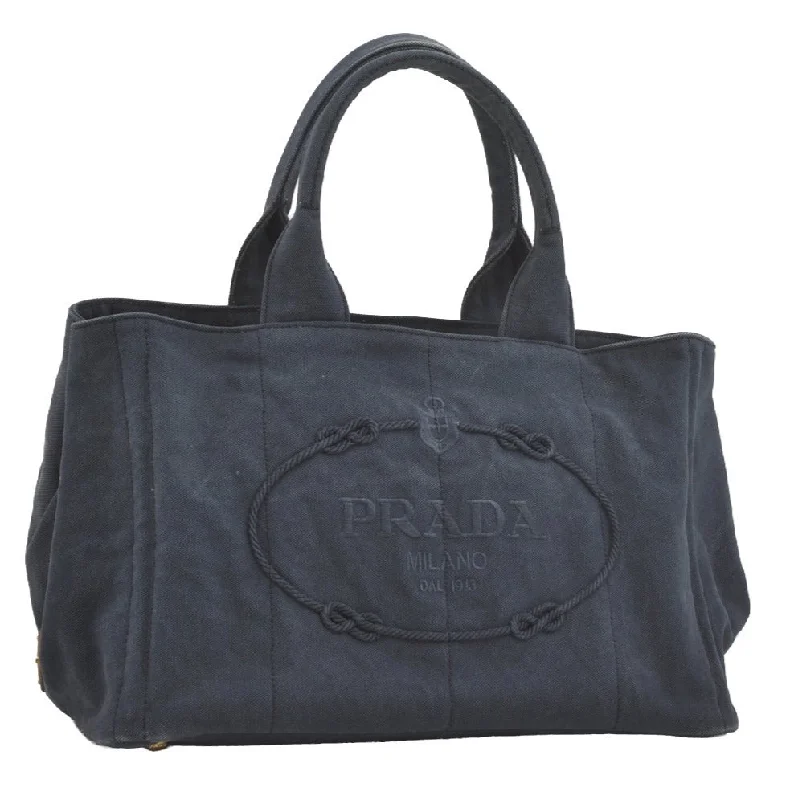 Trendy bucket bags for summerAuthentic PRADA Canapa M Vintage Canvas Tote Hand Bag Blue 7969I