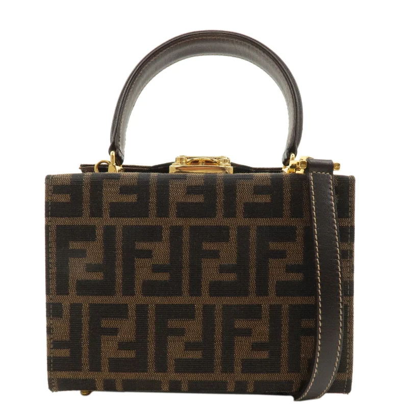 Designer bags with top handlesFENDI Zucca Canvas Leather 2WAY Vanity Bag Brown Black