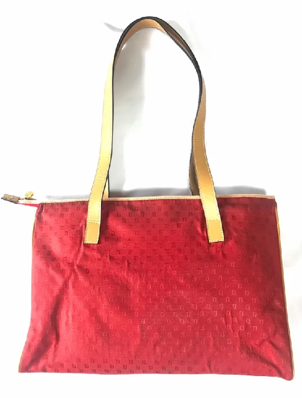 Elegant clutch bags for weddingsFENDI Vintage red logo jacquard fabric large shopper tote bag with brown leather handles