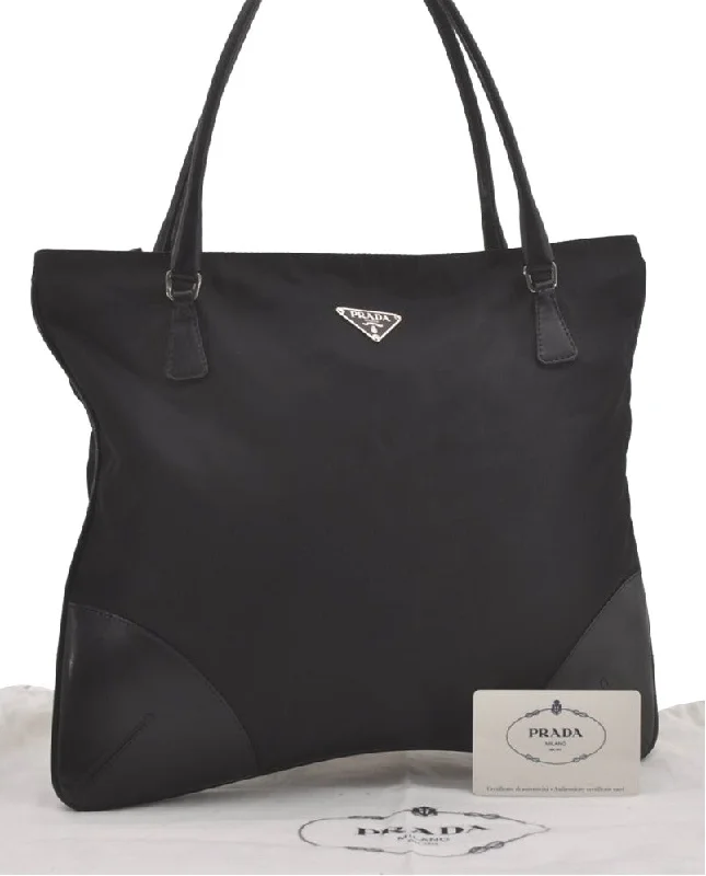 Designer bags with top handlesAuthentic PRADA Vintage Nylon Tessuto Leather Tote Hand Bag Black 7877I