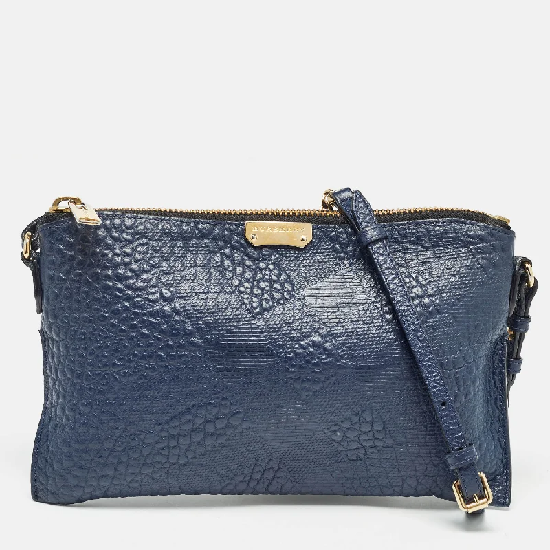 Designer bags with top handlesNavy Blue Grain Check Embossed Leather Peyton Crossbody Bag