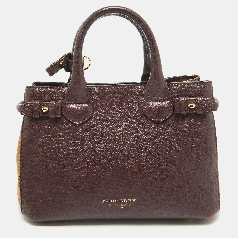 Luxury bags with chain strapsBurgundy Leather and House Check Fabric Small Banner Tote