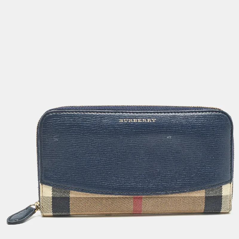 Designer bags with detachable strapsNavy Blue/Beige House Check Canvas and Leather Zip Continental Wallet