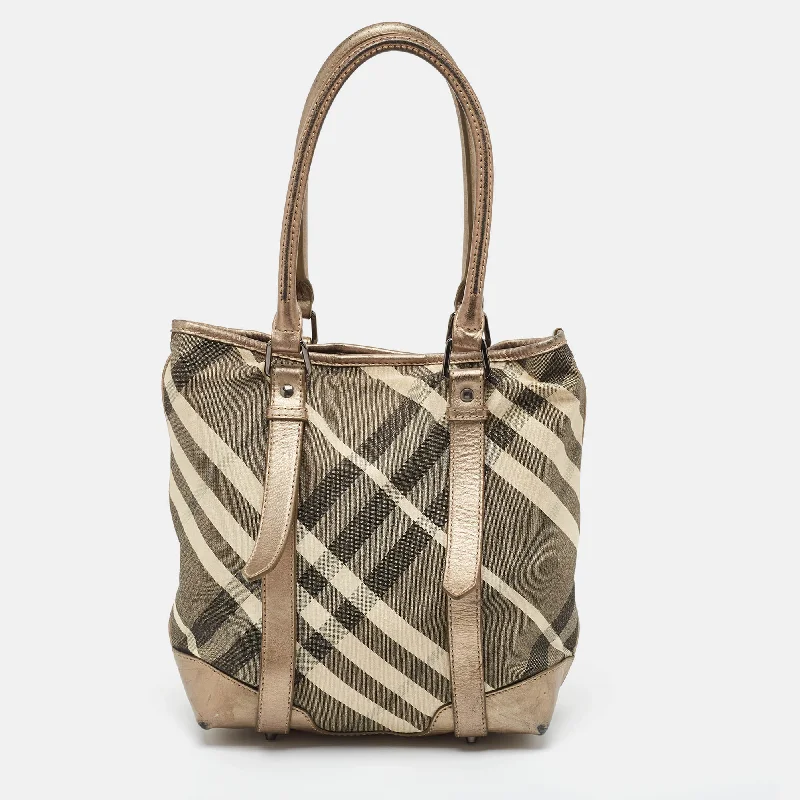 Customizable monogram bagsMetallic Beat Check Shimmer Canvas and Leather Snap Tote