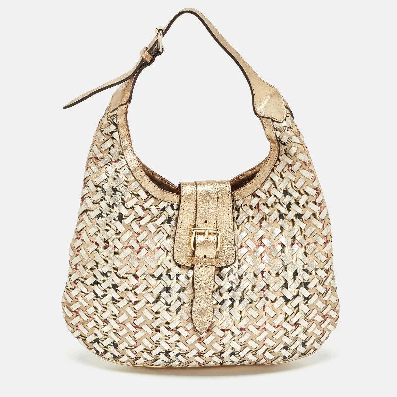 Affordable designer bag dupesGold/Beige Haymarket Check PVC and Leather Woven Brooke Hobo