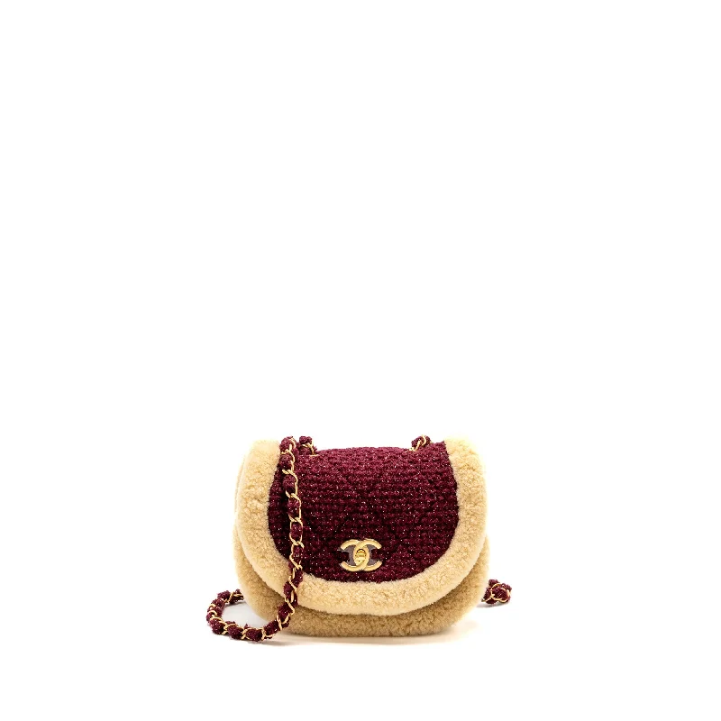 Luxury bags with exotic skinsChanel 22K Mini Messenger Flap Bag Shearling/Tweed Burgundy/Beige GHW (Microchip)