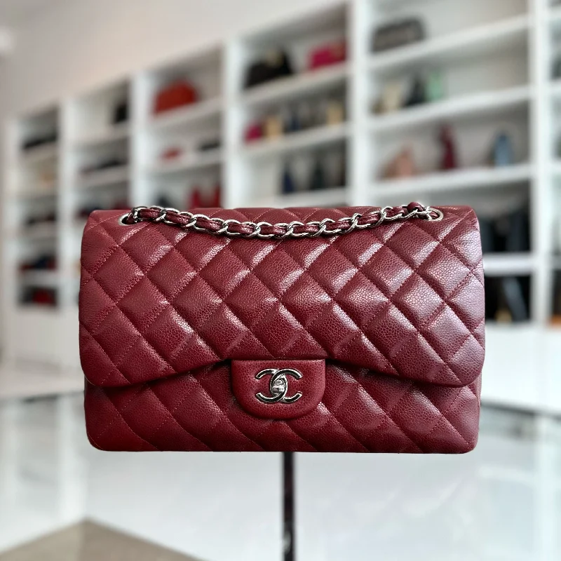 Customizable monogram bagsCaviar Jumbo Double Flap Classic Flap 30CM Cross Body Burgundy SHW No 14