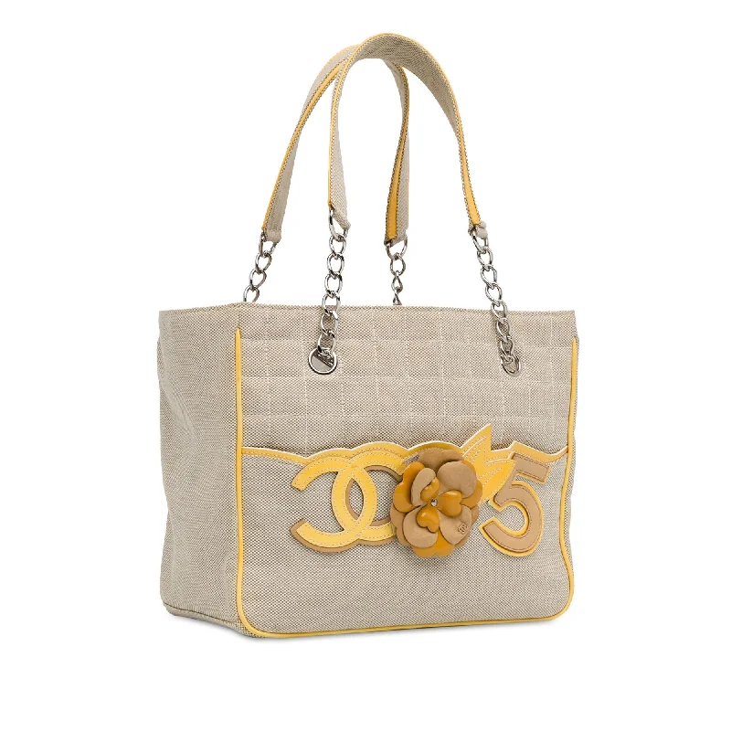 Designer bags with detachable strapsChanel Choco Bar Canvas CC Camellia No. 5 Tote (2pYBaU)